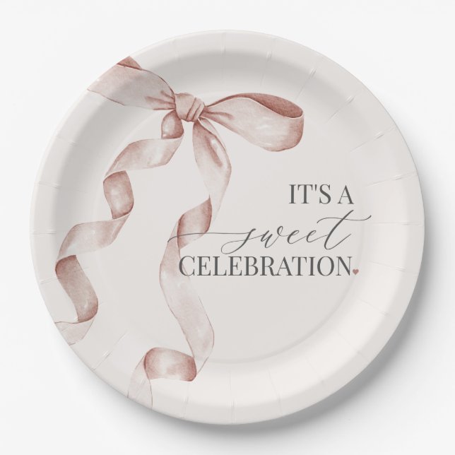 Beige Coquette Bow Girl Birthday Shower Decor Paper Plate (Front)