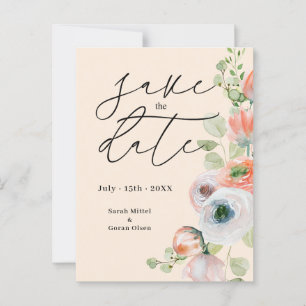 Beige Coral Floral Wedding Save the date  Postcard