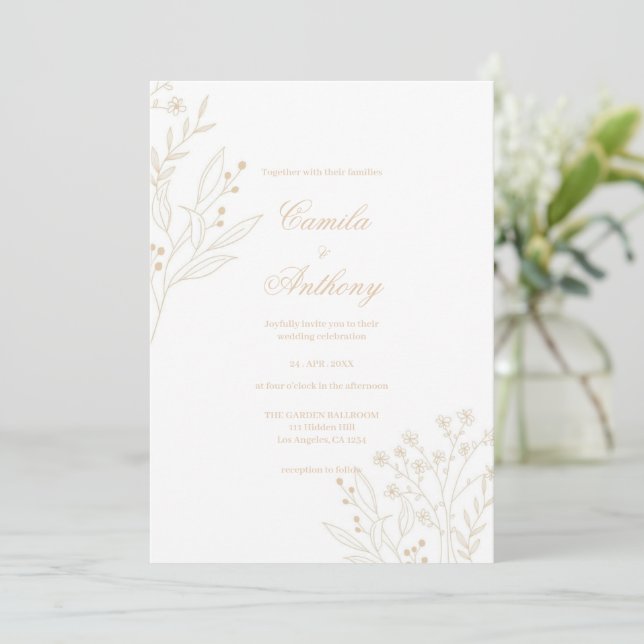 Beige Corner Floral Boho Wedding Invitation (Standing Front)