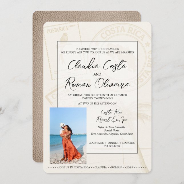 Beige Costa Rica Passport Wedding Invitation (Front/Back)
