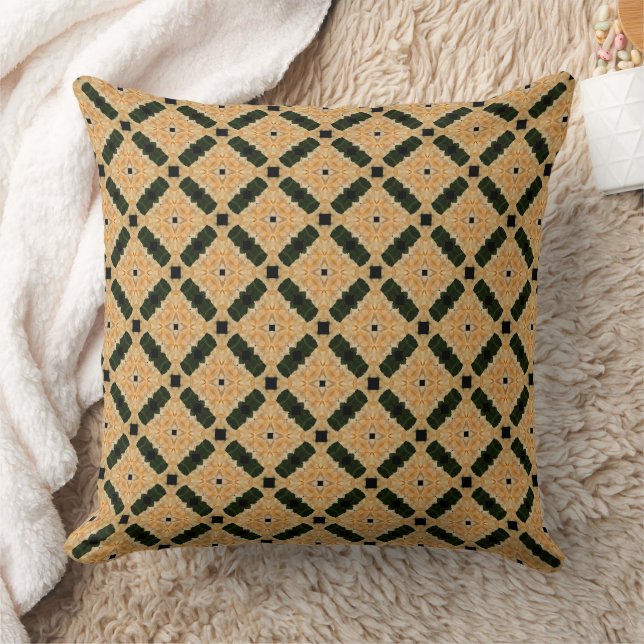 Beige Cream And Green Diamond And Square Pattern Cushion (Blanket)
