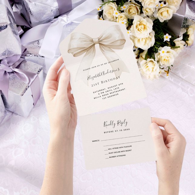 Beige cream bow birthday party rsvp all in one invitation (Creator Uploaded)
