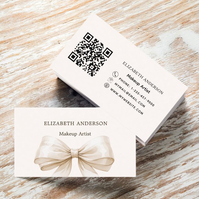 Beige cream bow elegant qr code business card (Creator Uploaded)