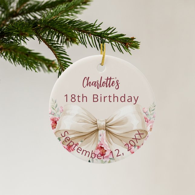 Beige cream bow florals birthday ceramic ornament (Creator Uploaded)