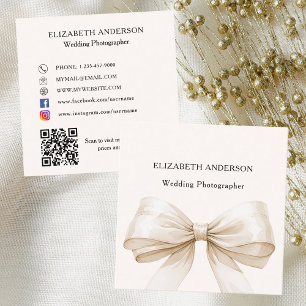 Beige cream bow QR code social media Square Business Card