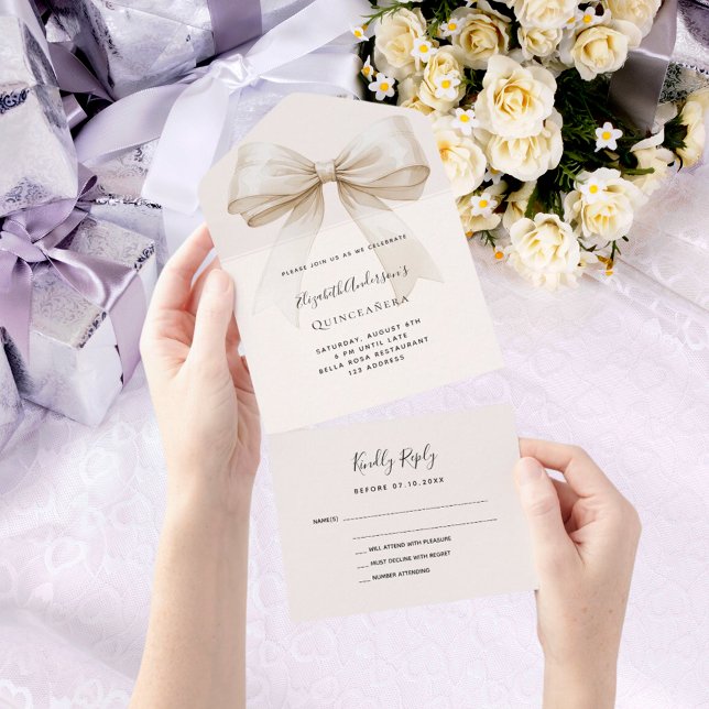 Beige cream bow Quinceanera rsvp All In One Invitation (Creator Uploaded)