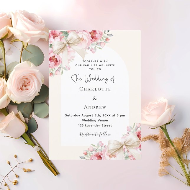 Beige cream bows pink florals arch wedding invitation (Creator Uploaded)