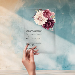 Beige cream burgundy florals clear wedding acrylic invitations