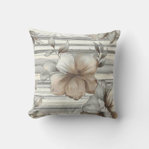 Beige cream flower blossom vertical grunge stripes cushion