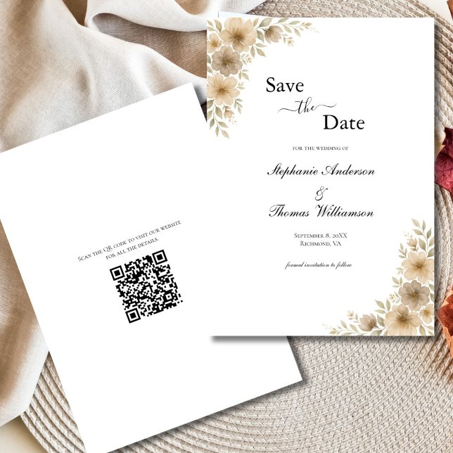 Beige Cream Grey Floral Elegant Modern QR code Save The Date (Beige Cream Gray Watercolor Florals Neutral Boho Wedding Save the Date card QR Code on back)