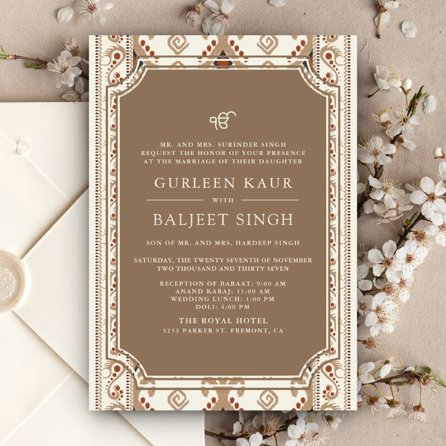 Beige Cream Ikat Anand Karaj Sikh Wedding Invitation (Creator Uploaded)