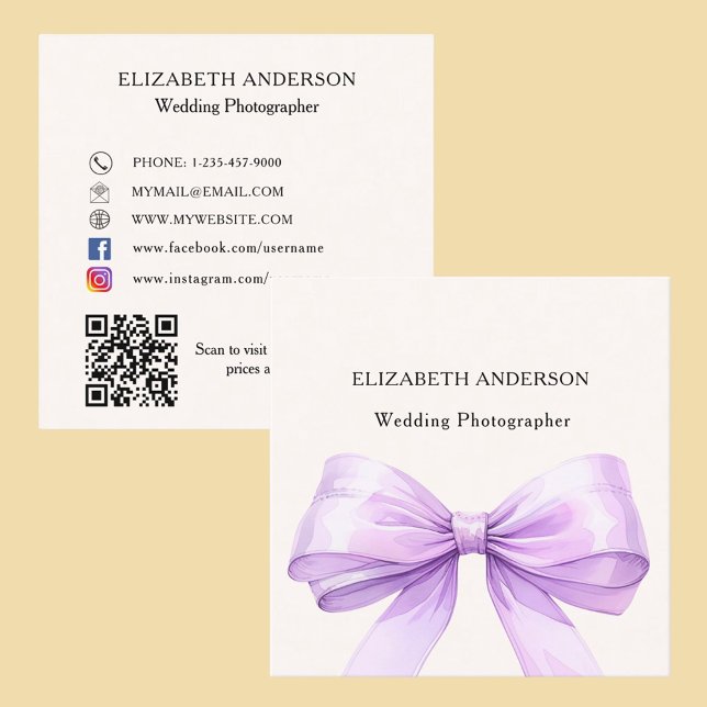 Beige cream lavender bow QR code social media Square Business Card (Creator Uploaded)