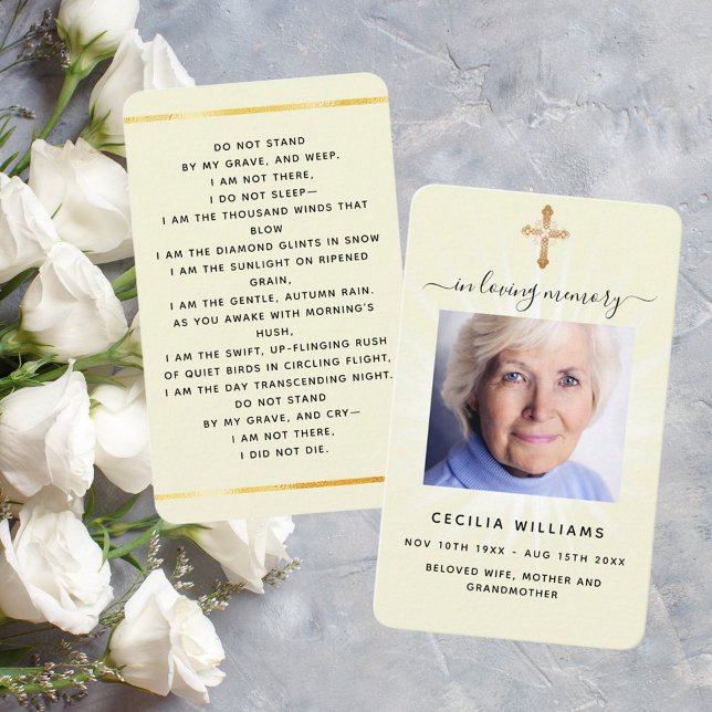 Beige cream light photo cross funeral prayer card (Creator Uploaded)