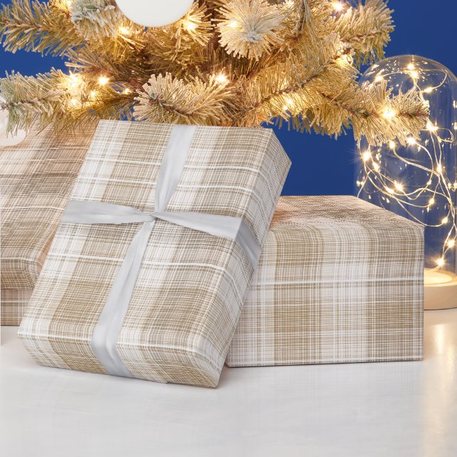 Beige Cream Neutral Windowpane Linen Plaid Pattern Wrapping Paper (Holidays)