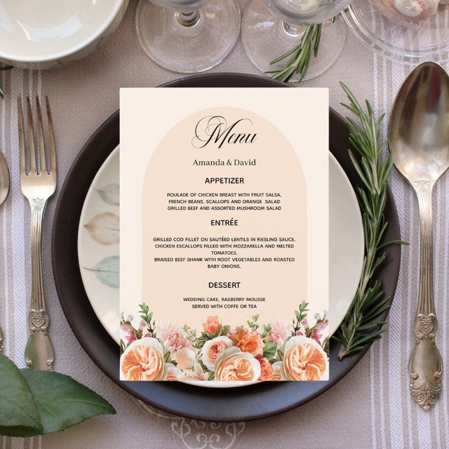 Beige cream orange florals arch wedding dinner menu (Creator Uploaded)