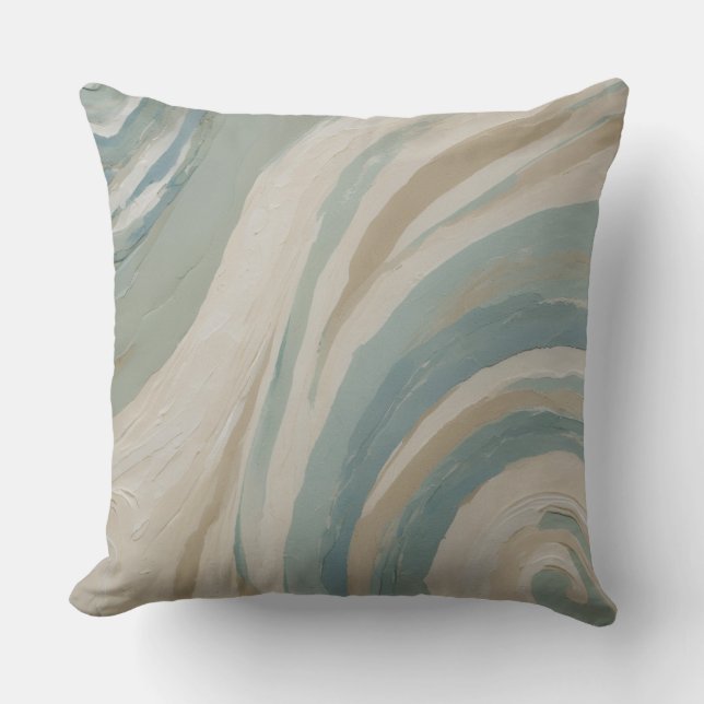 Beige Cream Teal Blue Green Waves Cushion (Front)