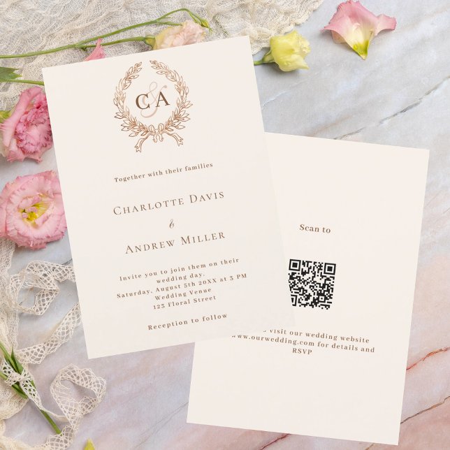 Beige crest monogram QR code RSVP wedding  Invitation (Creator Uploaded)