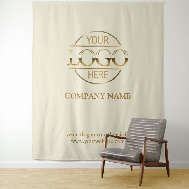 Beige Custom Business Logo Trade Show Backdrop Tapestry (In Situ)