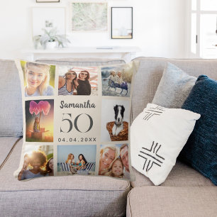 Beige custom photo collage birthday cushion