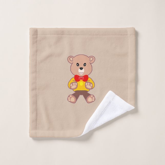 Beige Cute Bowtie Teddy Bear Towel (Wash Cloth)