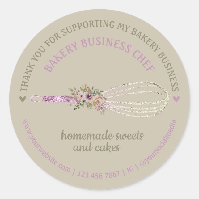 Beige Cute Catering Bakery Chef Glitter Whisk Classic Round Sticker (Front)