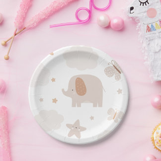 Beige Cute Elephant  Paper Plate