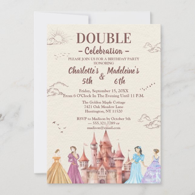 Beige  Cute Illustrative Girls’ Joint Birthday Invitation (Front)