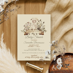 Beige Cute Sheep Lamb Botanical Baby Shower Invitation
