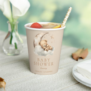 Beige Cute Teddy Bear Neutral Baby Shower Paper Cups