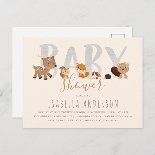 Beige | Cute Woodland Animals Neutral Baby Shower Invitation Postcard (Front/Back)