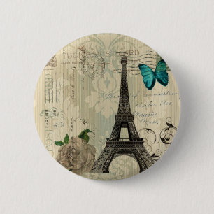 beige Damask butterfly rose Paris Eiffel Tower 6 Cm Round Badge