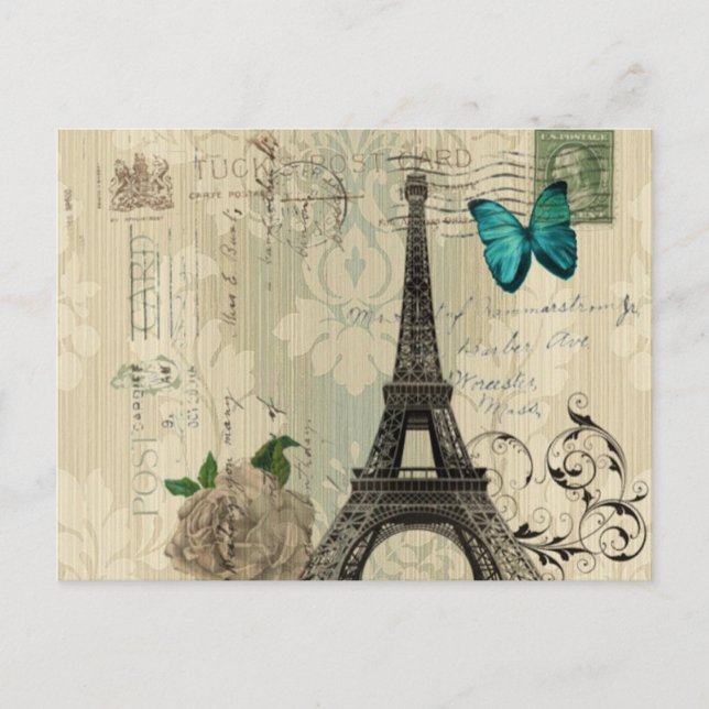 beige Damask butterfly rose Paris Eiffel Tower Postcard (Front)