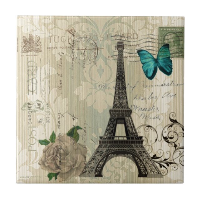 beige Damask butterfly rose Paris Eiffel Tower Tile (Front)