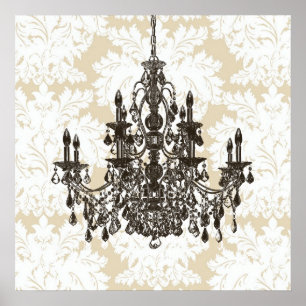Beige Damask Chandelier Wall Art Print