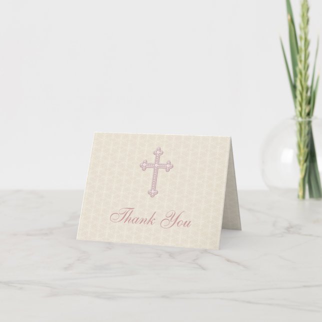 Beige Damask Pink Cross Thank You Card (Front)