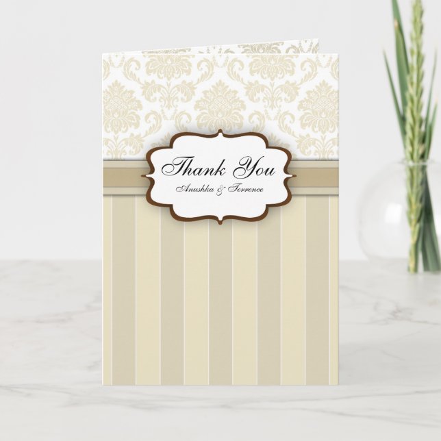 Beige Damask Stripe Wedding Thank You Card (Front)