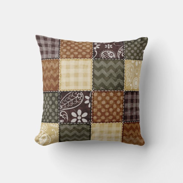 Beige, Dark Brown, and Olive Green Quilt look Cushion (Front)
