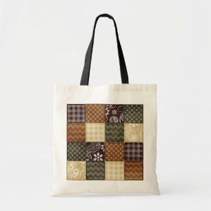 Beige, Dark Brown, and Olive Green Quilt look Tote Bag
