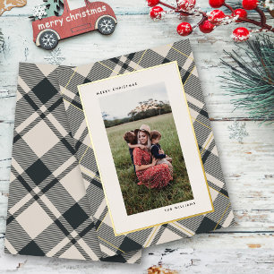 Beige & Dark Green Tartan Merry Christmas Photo Foil Holiday Card