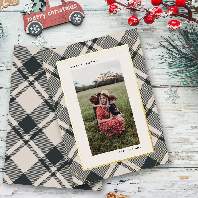 Beige & Dark Green Tartan Merry Christmas Photo Foil Holiday Card (Creator Uploaded)