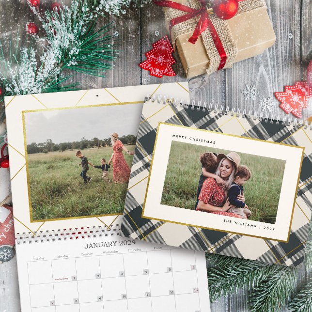 Beige & Dark Green Tartan Plaid Family Photo Calendar (Creator Uploaded)