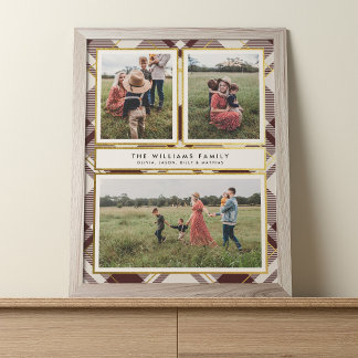Beige & Dark Red Tartan 3 Photo Collage Christmas Poster