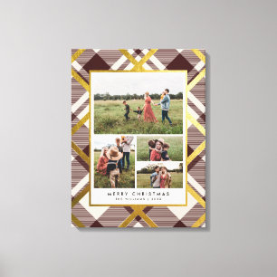 Beige & Dark Red Tartan 4 Photo Collage Christmas Canvas Print