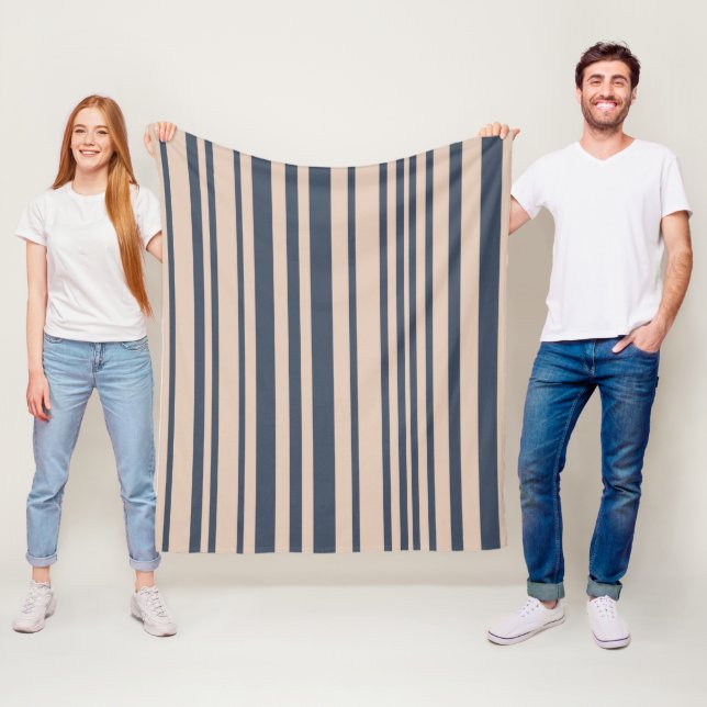 Beige/Deep Blue Grey Simple Stylish Stripe Pattern Fleece Blanket (In Situ)