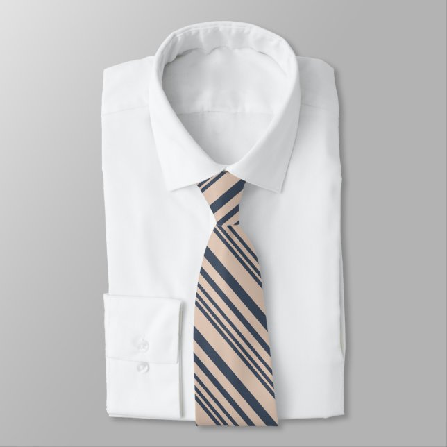 Beige/Deep Blue Stylish Stripe Pattern Tie (Tied)