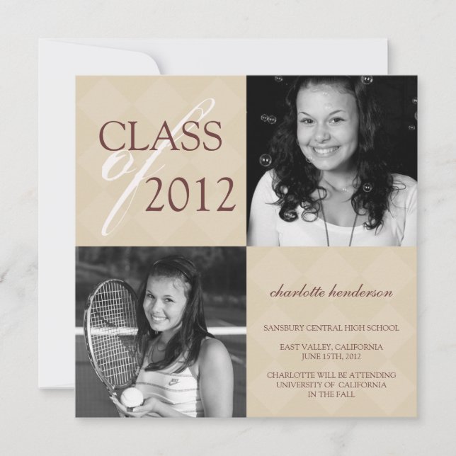 Beige diamond square photo graduation announcement (Front)