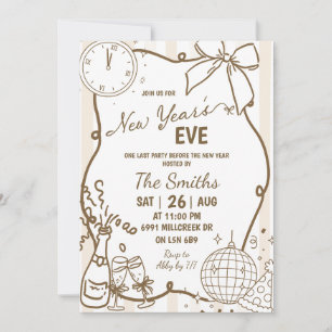 Beige Doodle Handwritten Champagne New Year's Eve Invitation