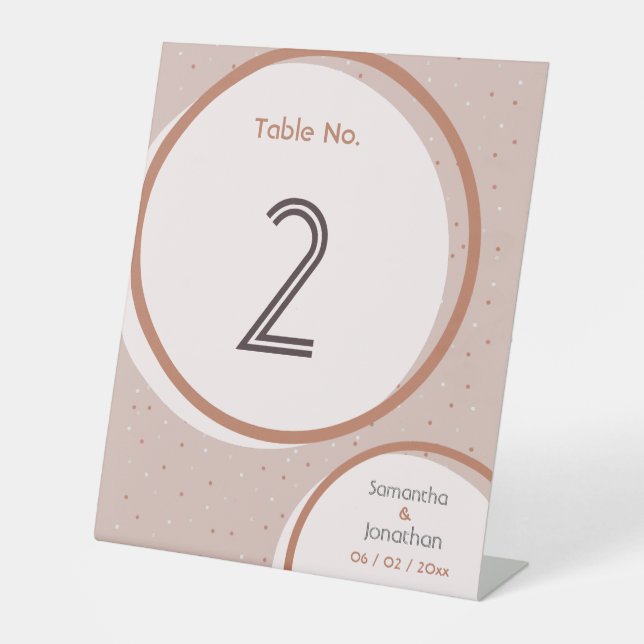 Beige Dots and Circles Wedding Table Number Sign (Front)