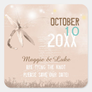Beige Dragonfly Wedding Save the Date Square Sticker