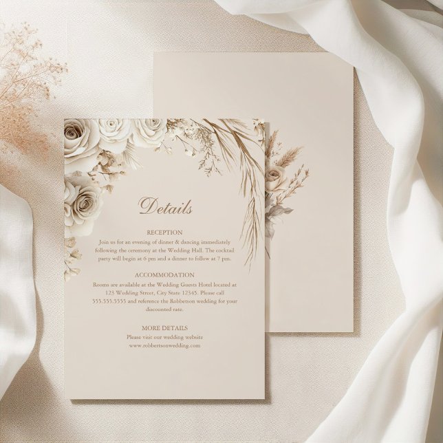 Beige Dried Flower and White Rose Wedding Details Invitation (Beige Dried Flower and White Rose Wedding Details Invitation on an elegant silky tablecloth)